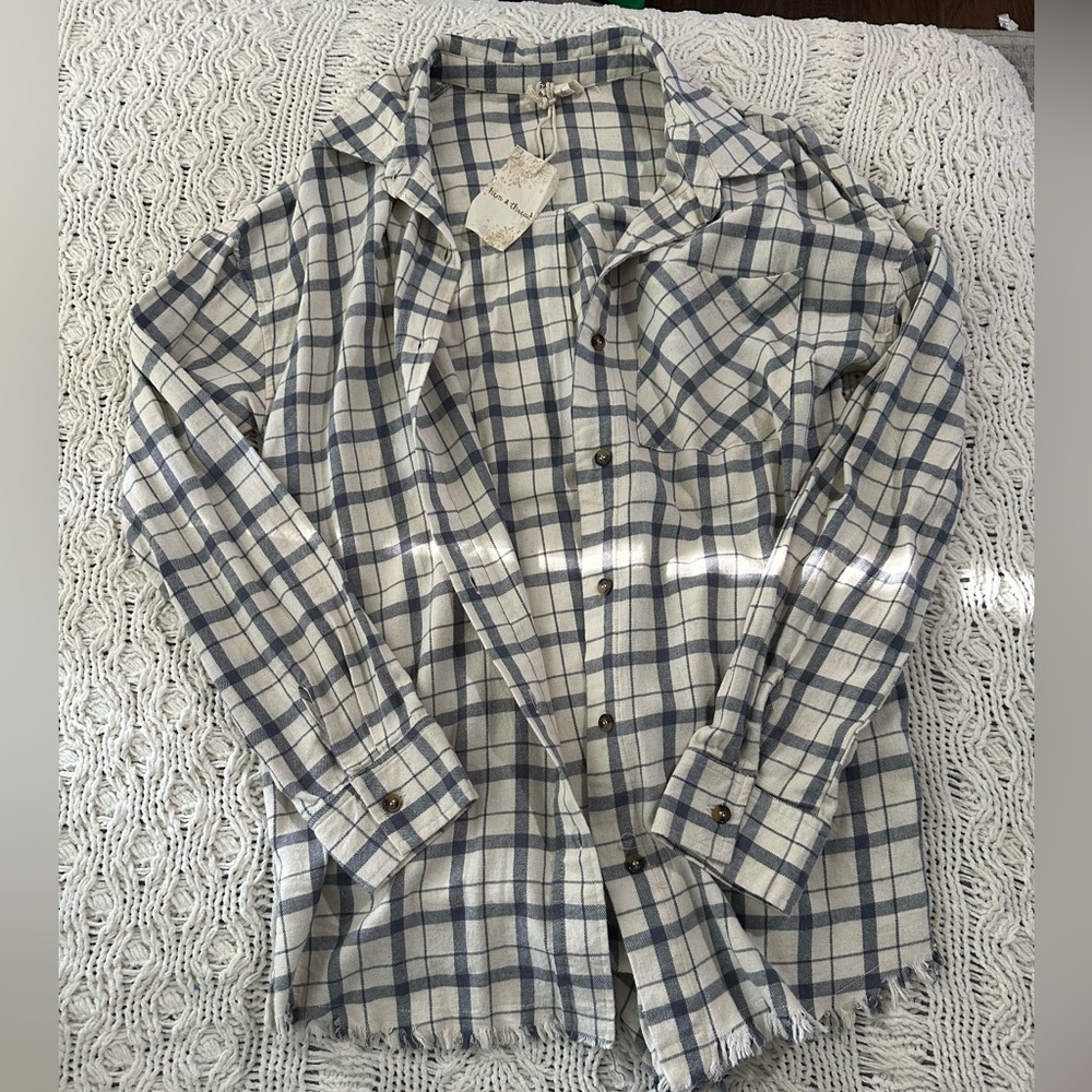 Blue and whit plaid button up